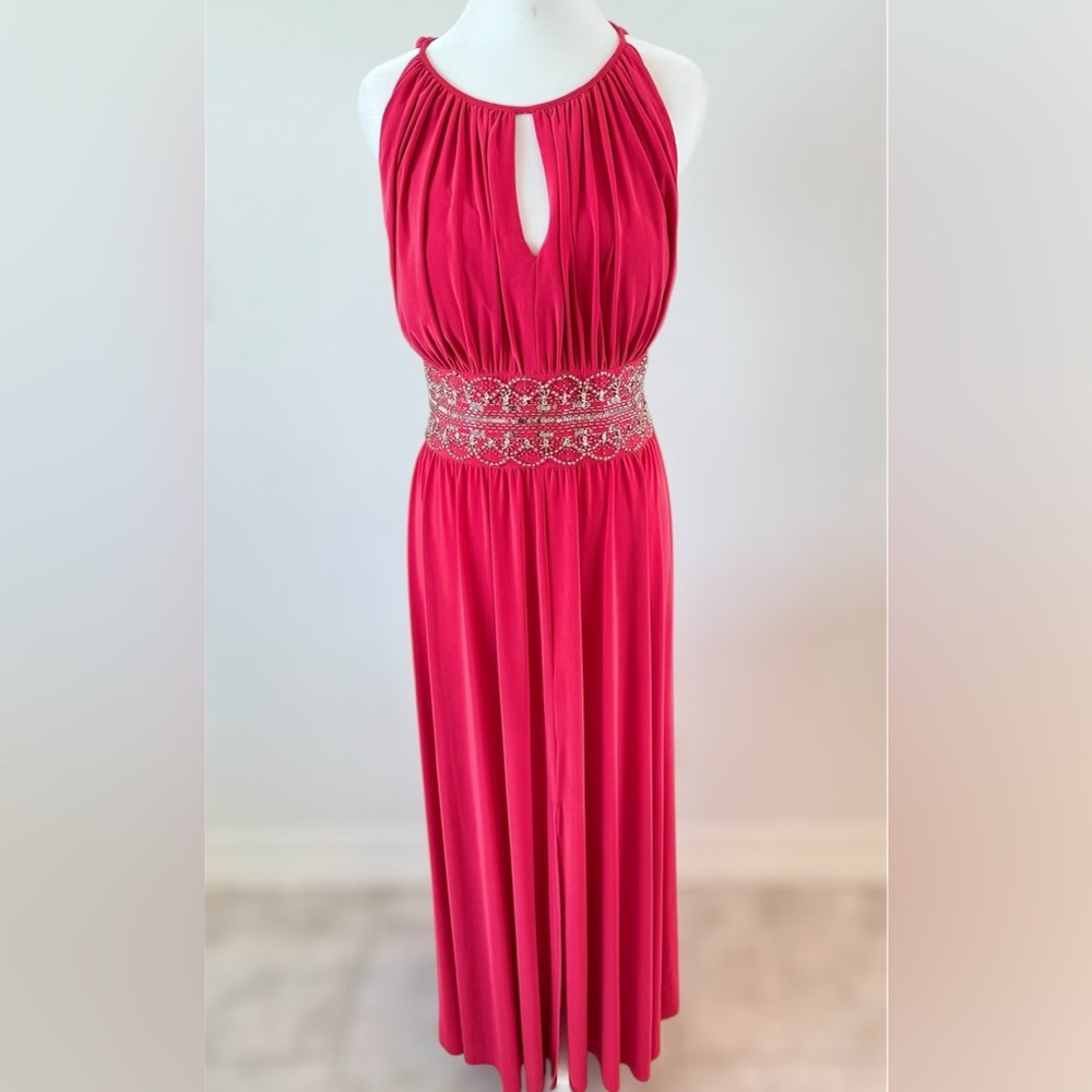 R&M Richards Orange Pink Ruched Embellished Maxi Gown
